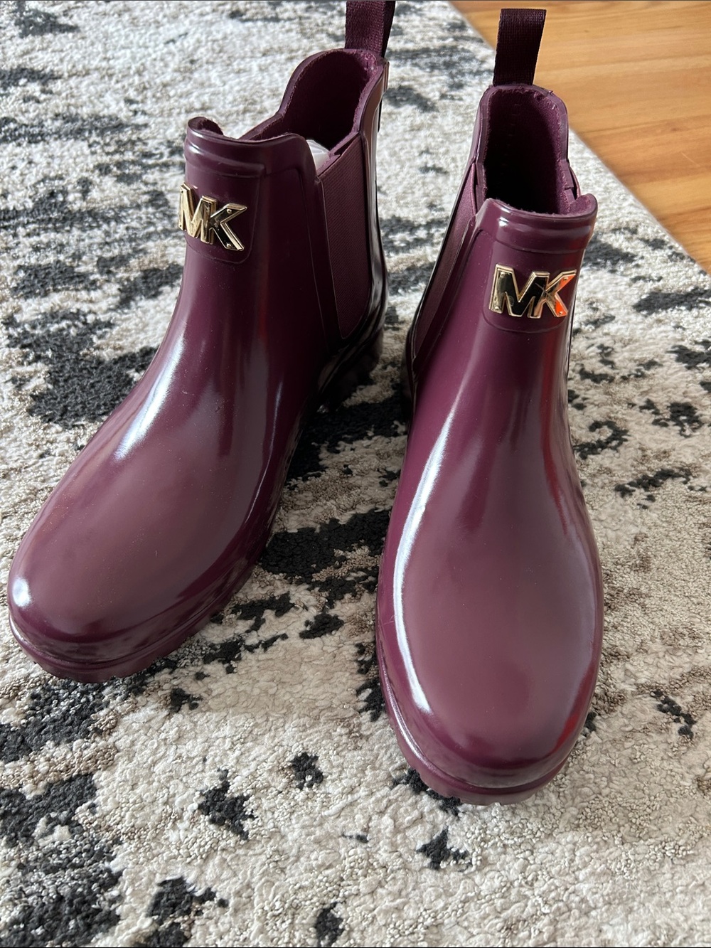 Michael Kors Glossy Wine Chelsea Rain Booties with Gold MK Logo